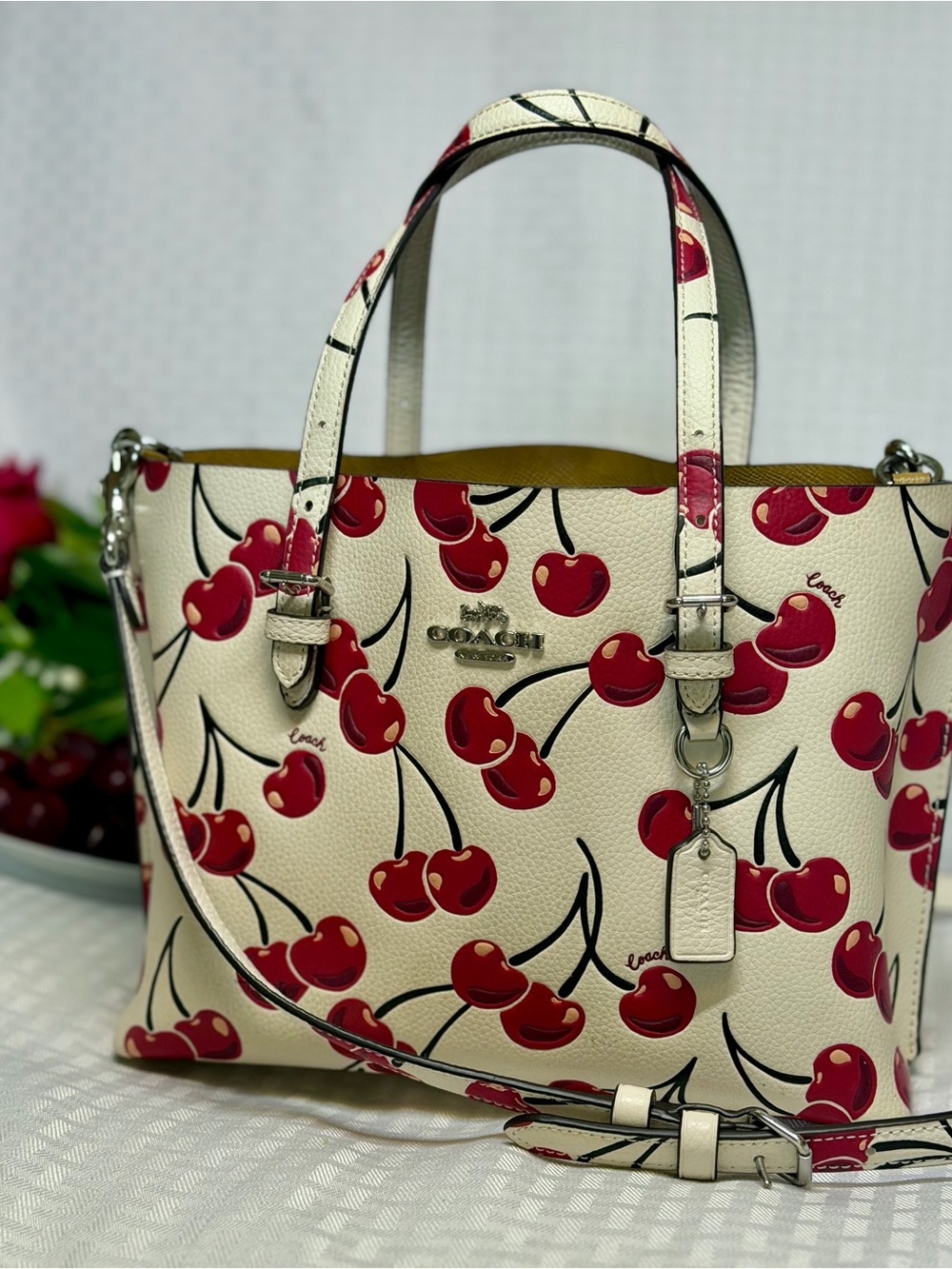 Coach Cherry-Print Leather Tote — Cream and Red